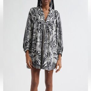 NWT FARM RIO Monochrome Elegance Scarf Print Long Sleeves Linen Minidress XS